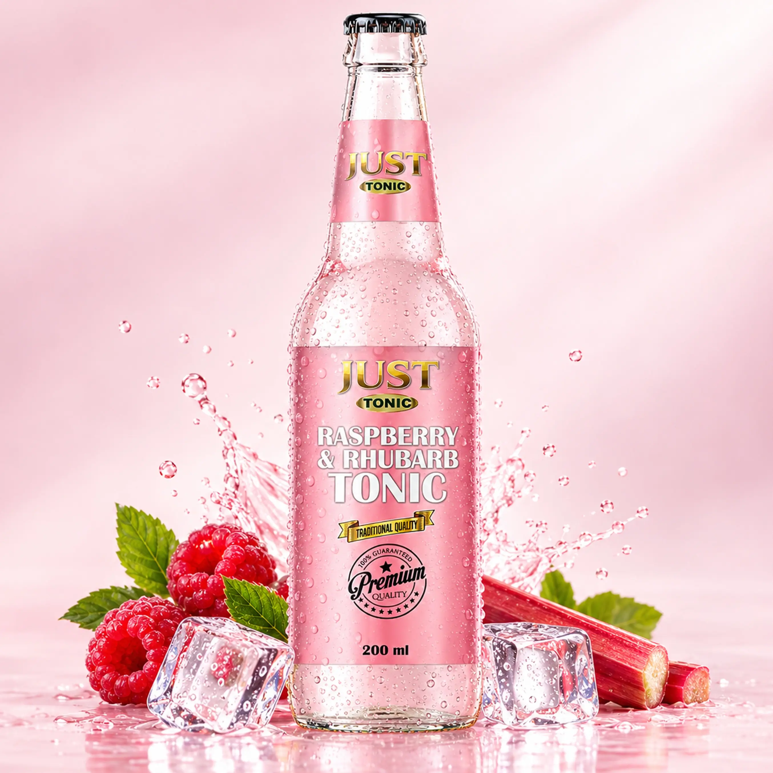 JUST Tonic Raspberry and Rhubarb Tonic 200ml glass bottle with raspberries, rhubarb, mint leaves, ice cubes, and pink water splashes.